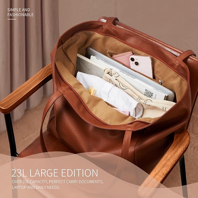 KALIDI Large Tote Bag Vegan Leather Casual Zipper Work Bag Weekender Hobo - Image 5