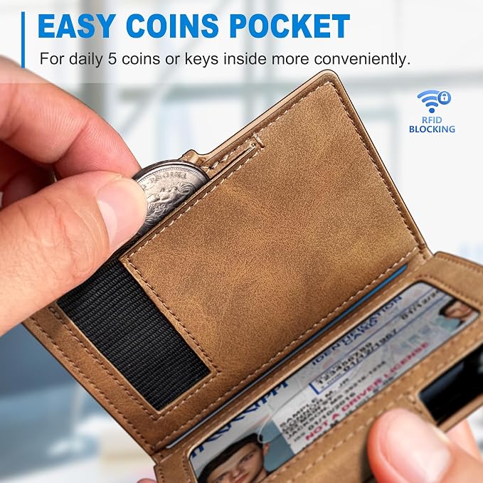 Men Wallet, with Money Clip Coins Pocket ID Window, Slim Front Pocket RFID - Image 4