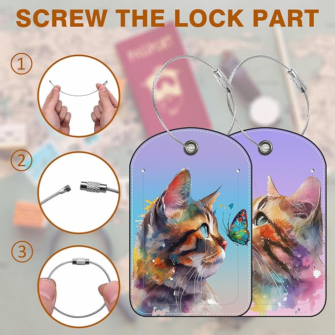 2 Pack PU Luggage Tags for Suitcase, Watercolor Cat and Butterfly Suitcase Tag - Image 4