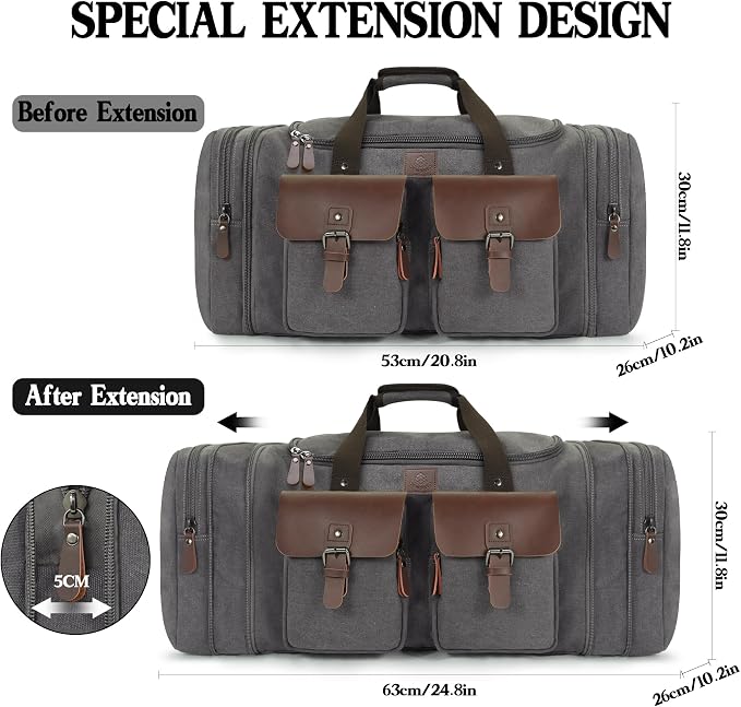 Canvas Duffle Bag for Men 50L Travel Duffel Bags Expandable Genuine Leather - Image 2