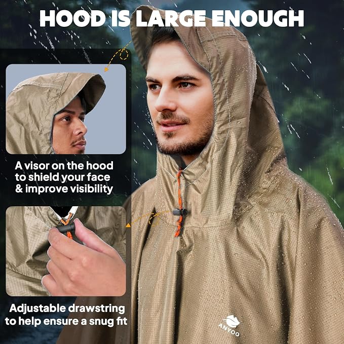 ANYOO Hooded Rain Poncho for Adults Waterproof Lightweight Rain Coat for Men - Image 4