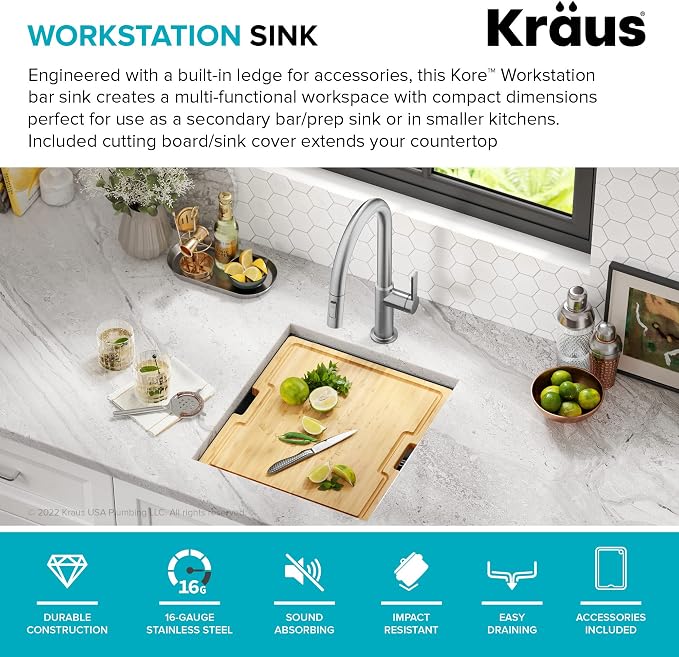 KRAUS Kore Workstation 17-inch Undermount 16 Gauge Black Stainless Kitchen Sink - Image 4