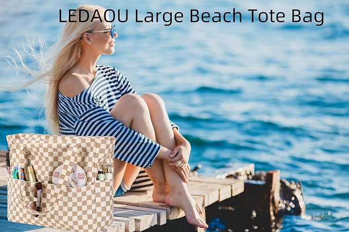 LEDAOU Large Beach Tote Bag Women Waterproof Sandproof Zipper Beach Tote Bag - Image 2