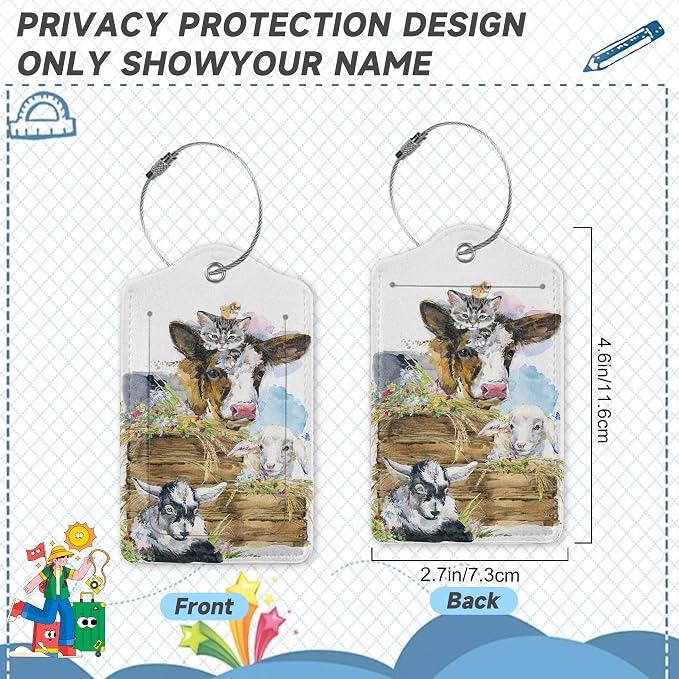 2 Pack Luggage Tags for Suitcases Cute Cow Cat Chicken Sheep Luggage Tag - Image 2