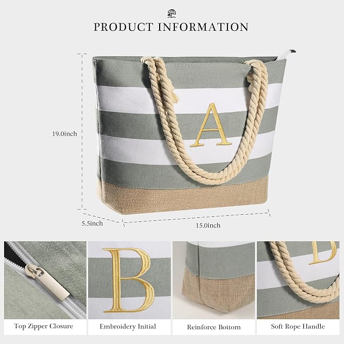 YOOLIFE Initial Canvas Waterproof Beach Tote Bag Zipper Personalized Gifts - Image 3