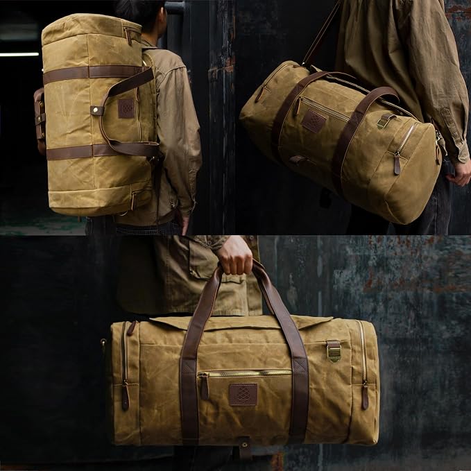 50L Duffle Bag for Men, Nomad Waxed Canvas Travel Duffel Bag Vintage Genuine - Image 2