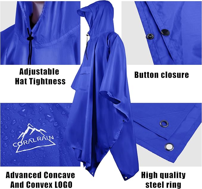 Coralrain Hooded Rain Poncho Lightweight Waterproof Unisex Raincoat Jacket - Image 3