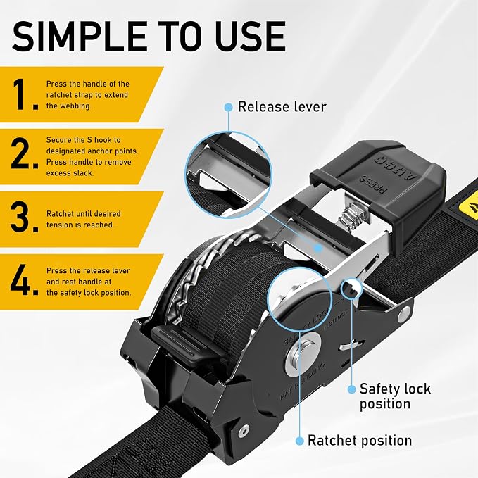 AUGO Self-Locking Retractable Ratchet Straps | 4 Heavy Duty Self-Tensioning - Image 5