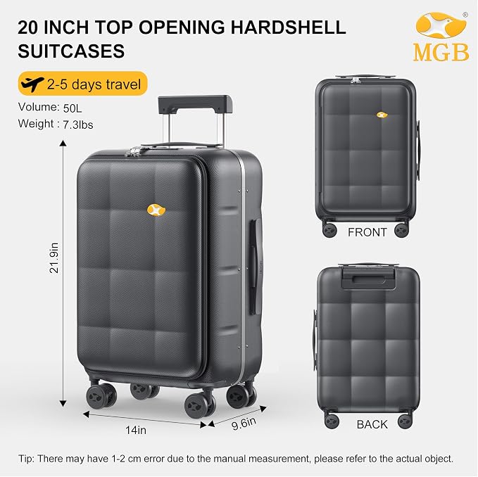 MGB 20 Inch Top Open Carry On Luggage 22x14x9 Airline Approved, Hard Shell - Image 3