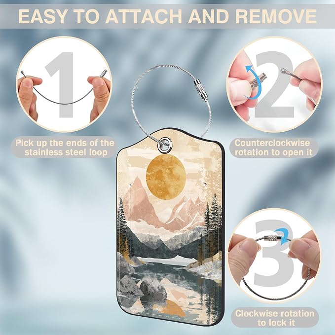 2 Pack Luggage Tags for Suitcases Abstract Pink Mountain Sun Landscape Leather - Image 4