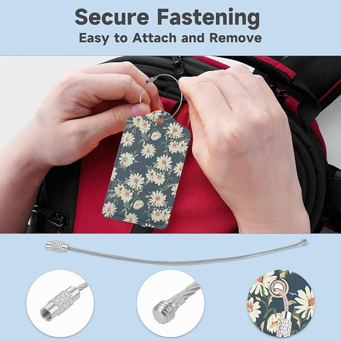 2 Pack Leather Luggage Tag for Suitcase Retro Daisy Flower Unique Travel Tags - Image 3