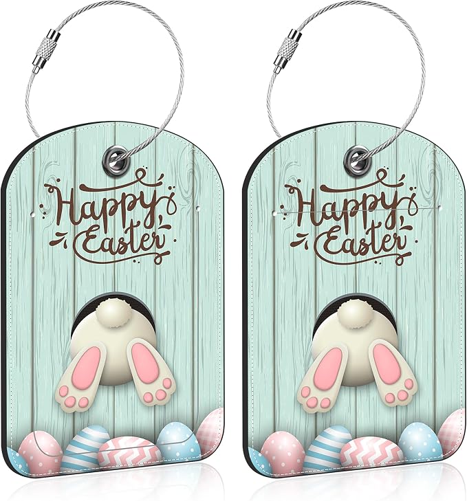 2 PCS Leather Luggage Tags for Suitcase Bunny Bottom and Easter Eggs Travel by Unknown