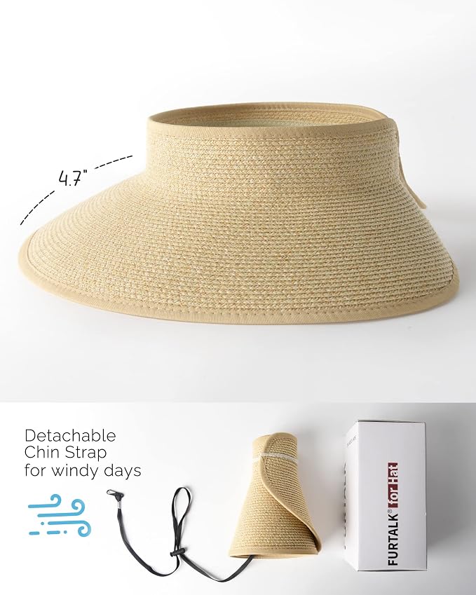 FURTALK Sun Hats for Women Wide Brim Beach Hat Straw Visor Ponytail Summer UV - Image 3