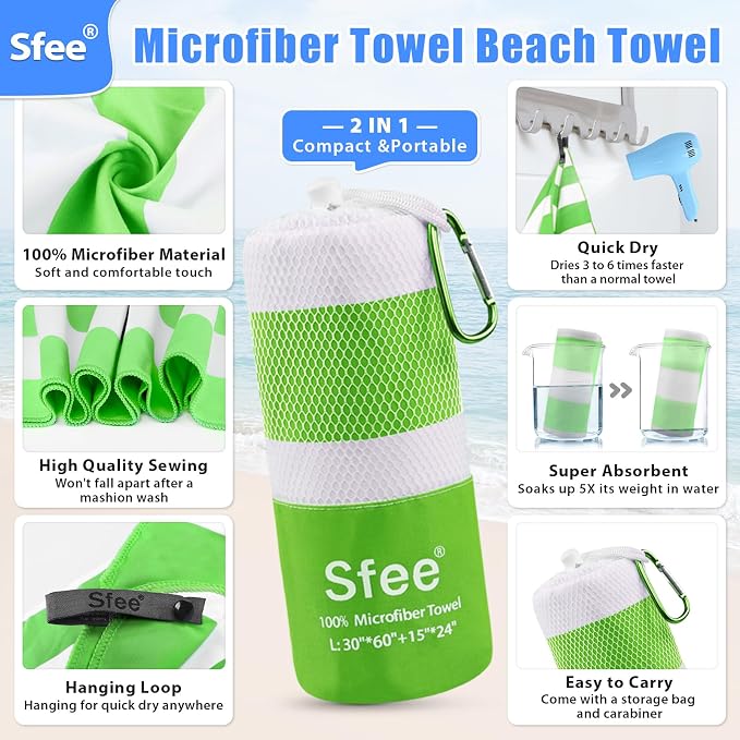 Sfee 2 in 1 Microfiber Oversized Beach Towel, Quick Dry Towel Travel Towel - Image 2