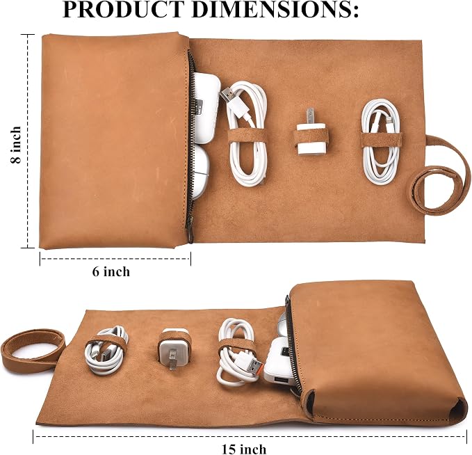 Leather Tech Pouch for Cables Chargers Phone | Tech Bag | Zipper Travel - Image 5