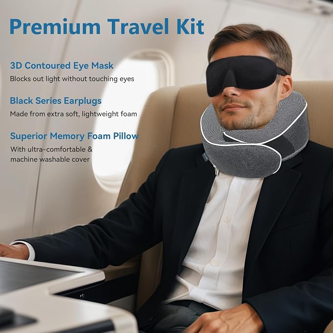 Travel Neck Pillow 100% Memory Foam – Airplane & Car Travel Essentials Kit - Image 2