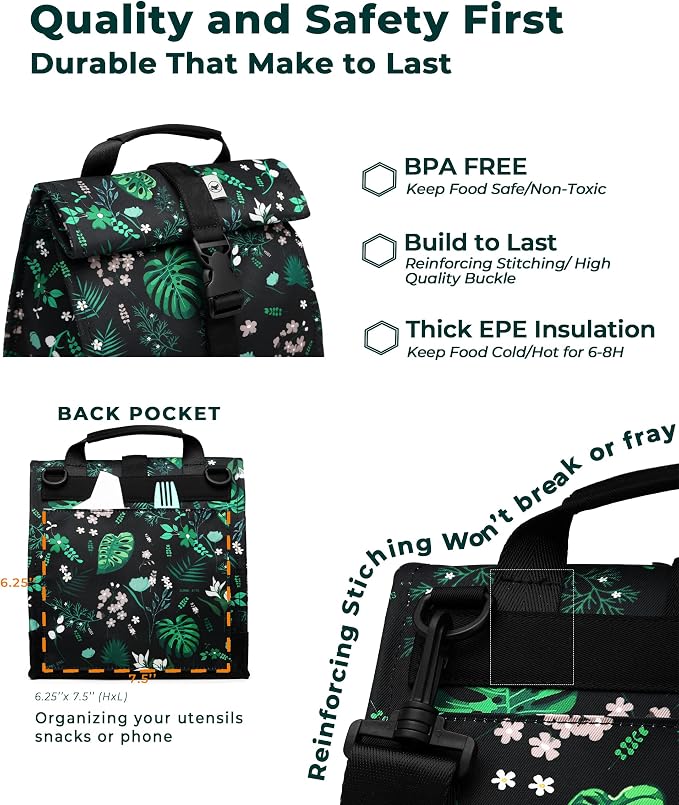 SUNNY BIRD Insulated Lunch Bag Rolltop Lunch Box Tote Bag - Image 4