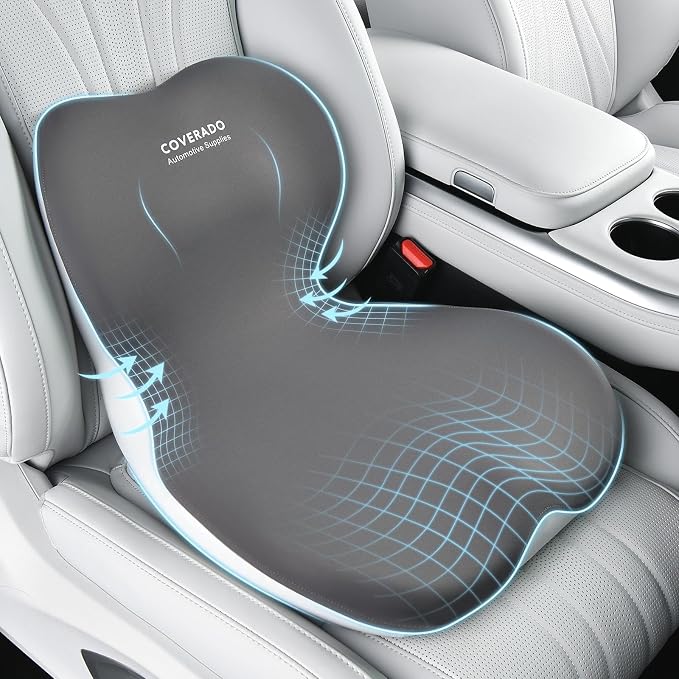 Coverado Car Seat Cushion and Lumbar Support Pillow One Piece, Memory Foam by COVERADOAUTO