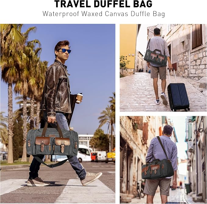 Wildroad 60L Travel Duffel Bag, Expandable Waxed Canvas Genuine Leather Duffle - Image 2