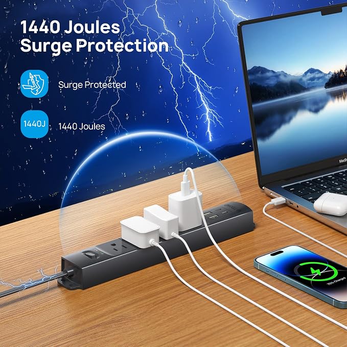 TROND Flat Plug Power Strip USB-5ft Flat Extension Cord Surge Protector Wall - Image 6
