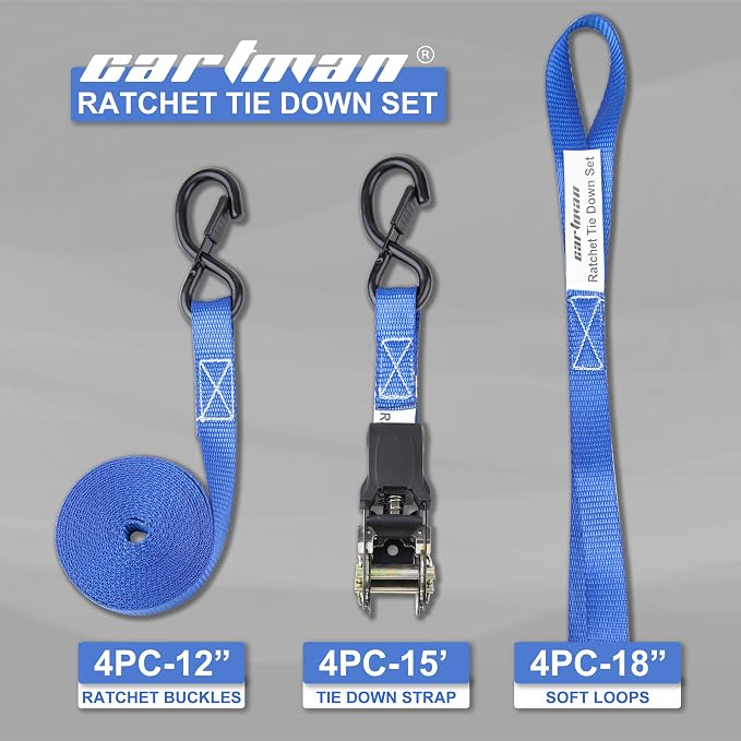 Cartman Ratchet Tie Down Straps 4PK 2, 000lb Max Break Strength - Image 2