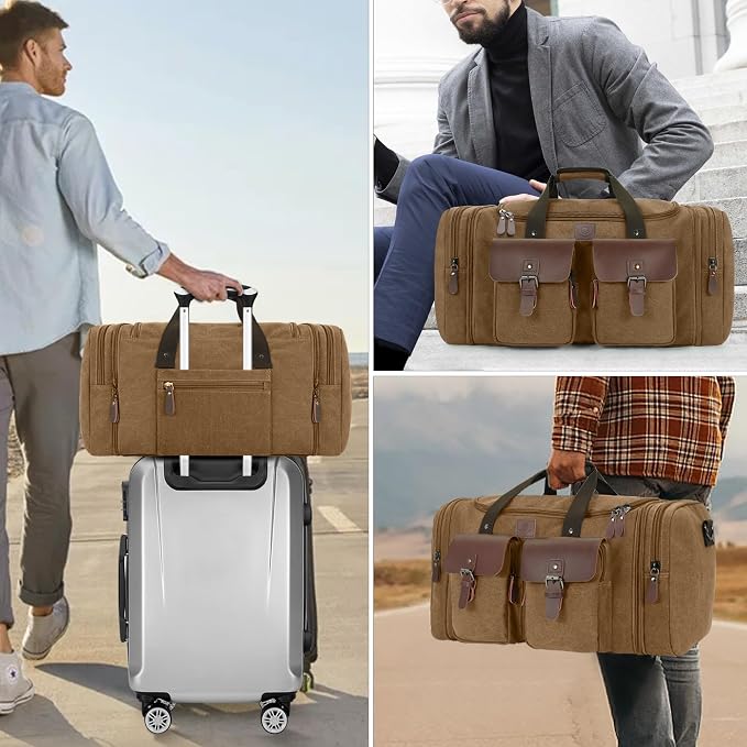 Canvas Duffle Bag for Men 60L Travel Duffel Bags Expandable Genuine Leather - Image 8