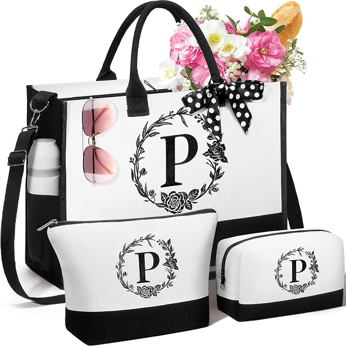 Personalized Christmas Gifts for Women, Initial Canvas Tote Bag & Makeup Bag by Unknown