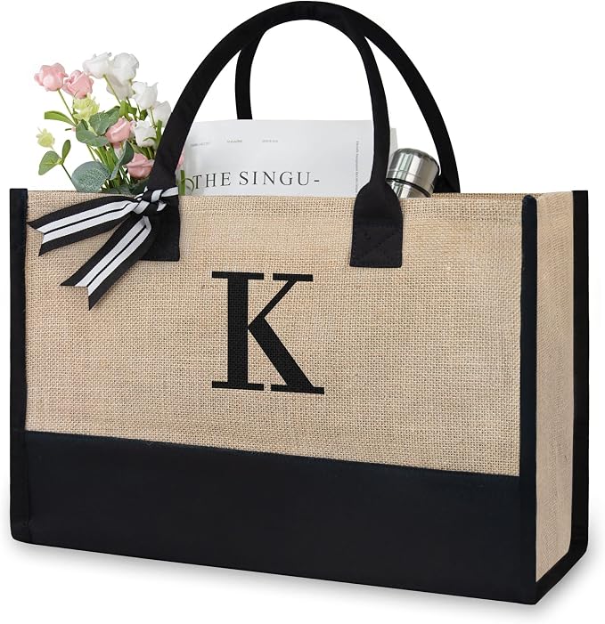 TOPDesign Initial Jute/Canvas Tote Bag, Personalized Present Bag, Suitable by TOPDesign