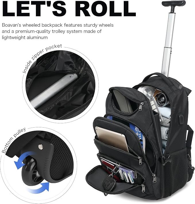 Boavan Rolling Backpack, 17 inch Water Resistant Wheeled Backpack, Carry on - Image 6