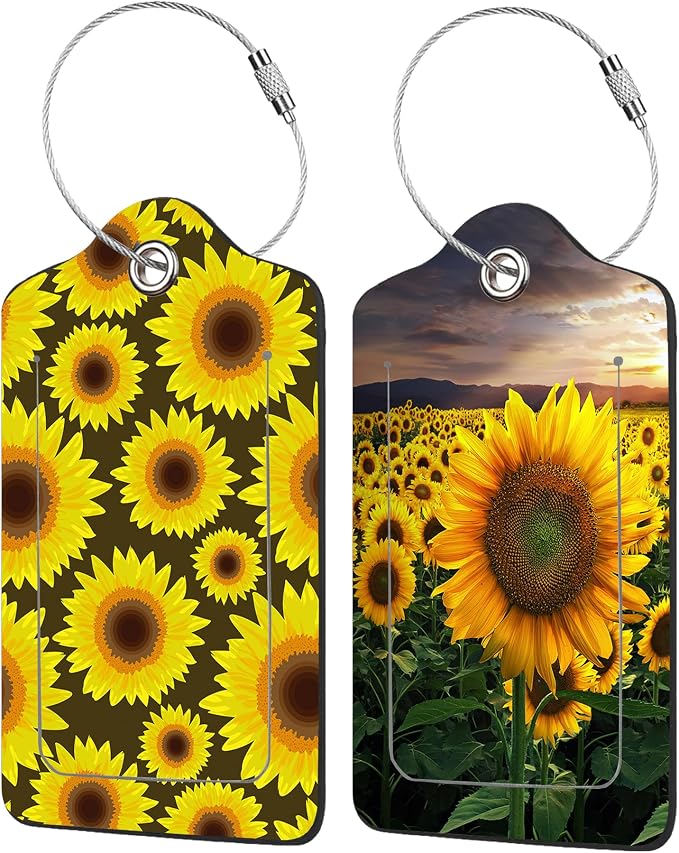 2 Pack Sunflower Luggage Tags for Suitcases, Beautiful Floral Leather Baggage by EOBKLAX