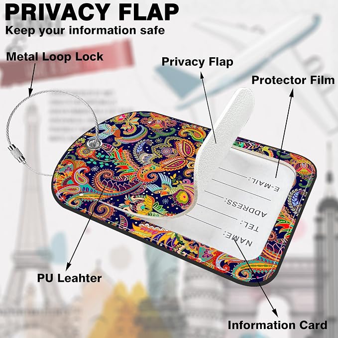 2 PCS Leather Luggage Tags for Suitcase Boho Colorful Paisley Travel Luggage Tag - Image 3