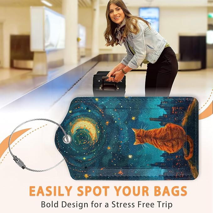 Starry Night Orange Cat 3 Pack PU Leahter Luggage Tag - Image 4