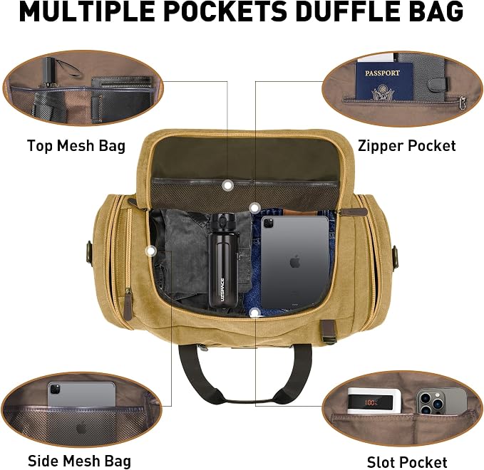 60L Duffle Bag for Men, Nomad Waxed Canvas Travel Duffel Bag Vintage Genuine - Image 4