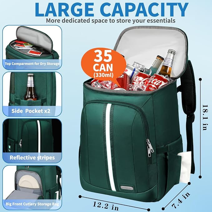 Backpack Cooler Insulated Leak Proof 35 Cans, 2 Insulated Compartments Thermal - Image 2