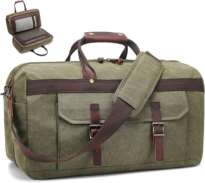 Duffle Bag for Men Waterproof Genuine Leather Canvas Travel Duffel Bags for by SOAEON