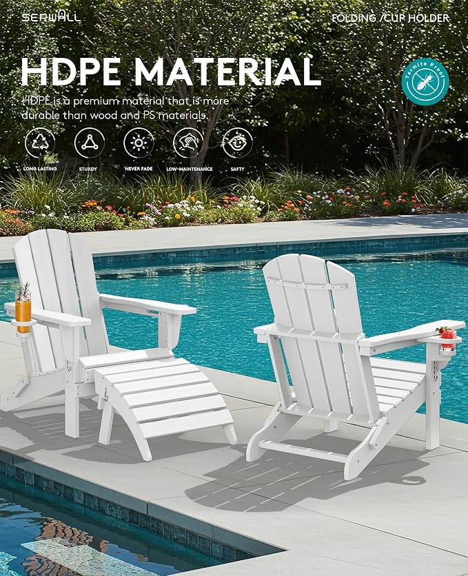 SERWALL Folding Adirondack Chair, Dual Cup Holders & All-Weather HDPE, - Image 12