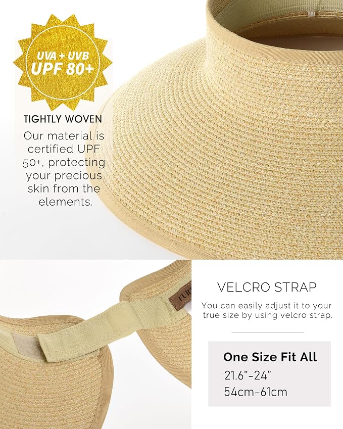 FURTALK Sun Hats for Women Wide Brim Beach Hat Straw Visor Ponytail Summer UV - Image 4