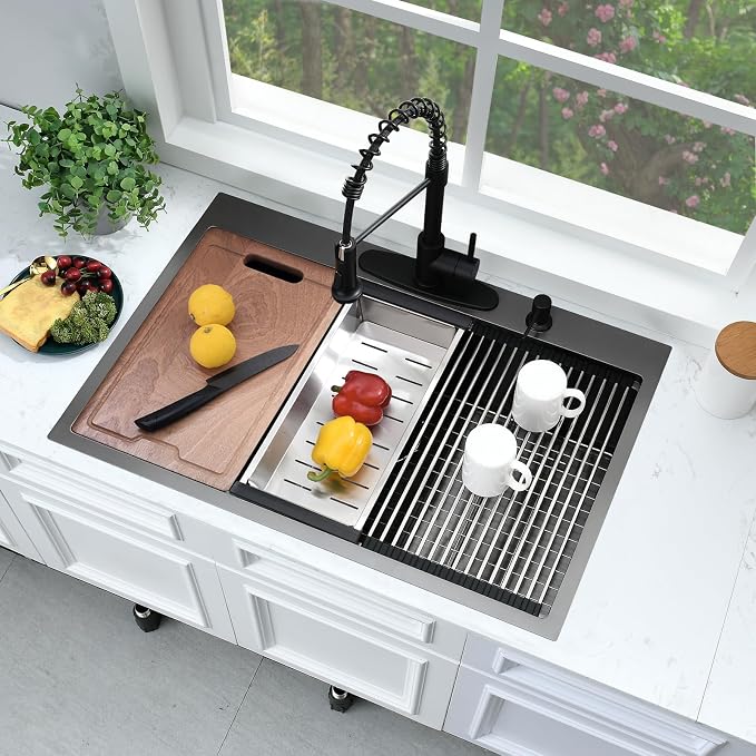 33 Inch Black Drop In Kitchen Sink Workstation-Bokaiya 33x22 Black Stainless - Image 3