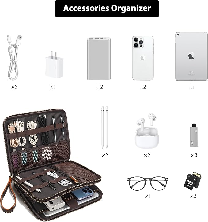 LANNSYNE Full Grain Leather Travel Cable Accessories Bag, Electronic Organizer - Image 3