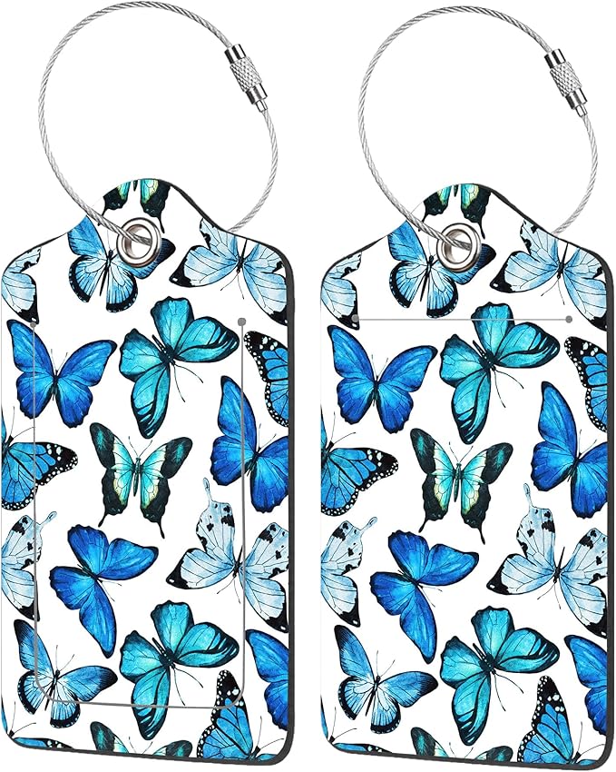2 Pack Luggage Tag for Suitcase, Beautiful Blue Butterfly PU Leather Suitcase by EOBKLAX
