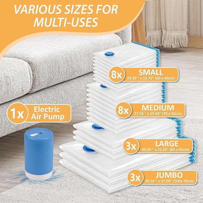 Vacuum Storage Bags with Electric Pump, 22 Pack Vacuum Seal Space Saver Bags - Image 4