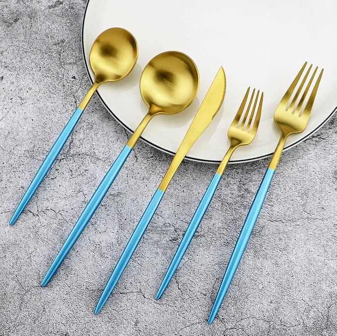 Gugrida Blue Handle Matte Gold Silverware Set - Image 2
