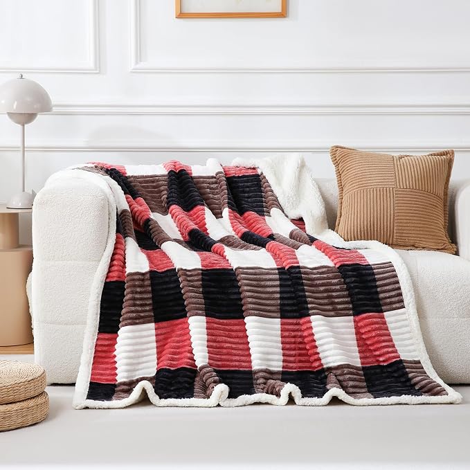 PU MEI Sherpa Blanket Twin Plaid Thick Bed Blanket, 80”*90”Super Soft Flannel - Image 3