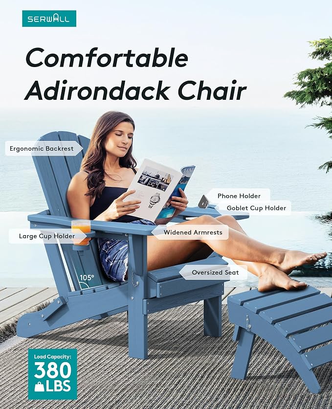 SERWALL Folding Adirondack Chair, HDPE Adirondack Chairs Set of 2, Plastic - Image 4