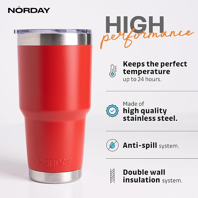 NORDAY | Tumbler with Lid - 30oz - Red Insulated Tumbler - Stainless Steel - Image 2