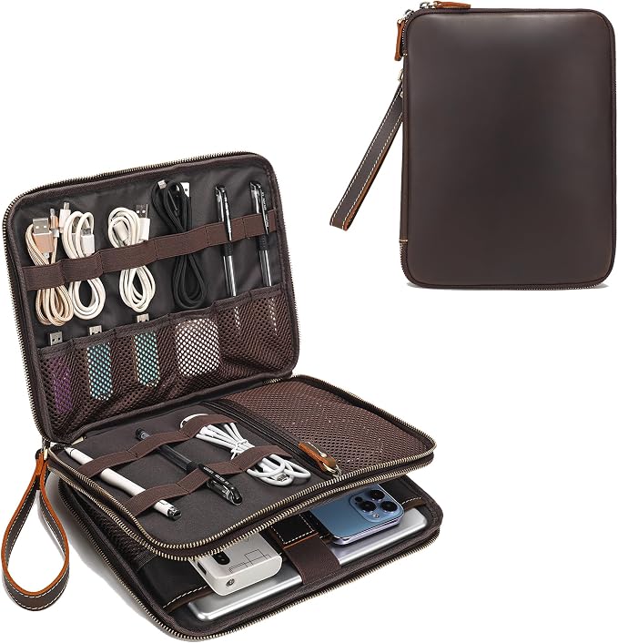 LANNSYNE Full Grain Leather Travel Cable Accessories Bag, Electronic Organizer by LANNSYNE
