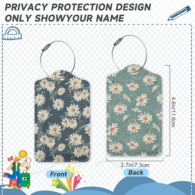 2 Pack Leather Luggage Tag for Suitcase Retro Daisy Flower Unique Travel Tags - Image 2