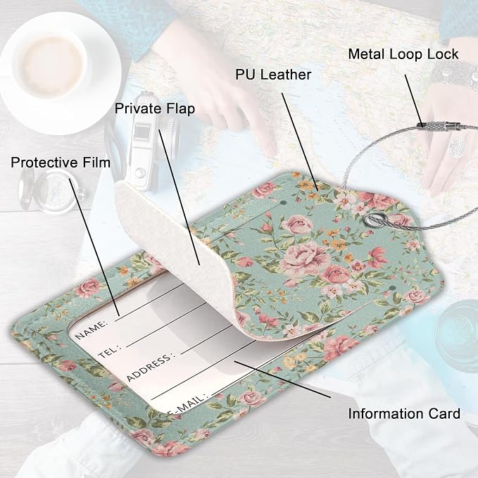 2Pcs Luggage Tag for Suitcase Vintage Floral Shabby Chic Pink Rose Cute - Image 3