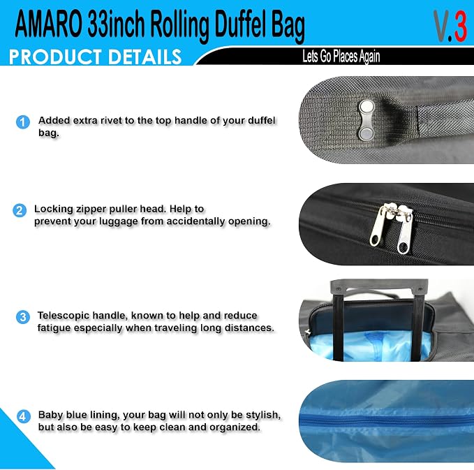 33" Rolling Duffle Bag with Wheels and Handle - Image 4
