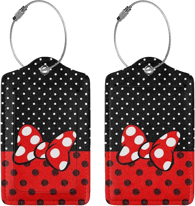2 Pack Luggage Tags for Suitcase, Mouse Red Bow PU Leather Travel Luggage Tag - Image 2